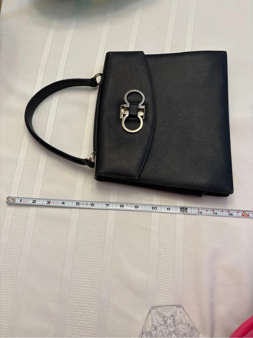 Salvatore Ferragamo Double Gancini Top Handle Black Leather Bag Made in Italy